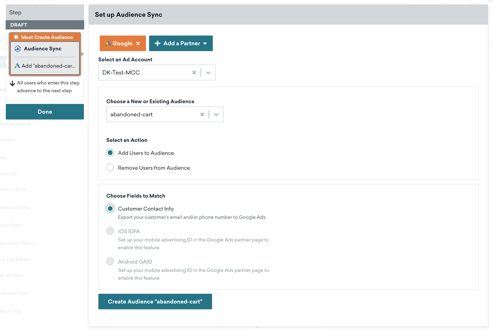 Expanded view of the Custom Audience Canvas component. Here, the desired Ad account is selected, a new audience is created, and the "customer contact info" checkbox is selected.