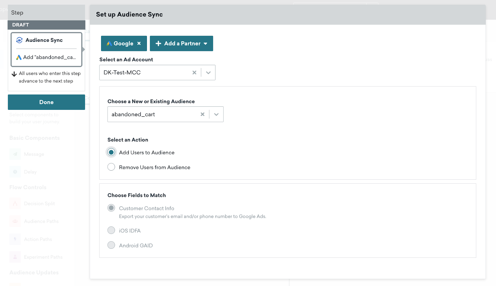 Expanded view of the Custom Audience Canvas component. Here, the desired Ad account and existing audience are selected, as well as the "Add user to Audience" radio button.