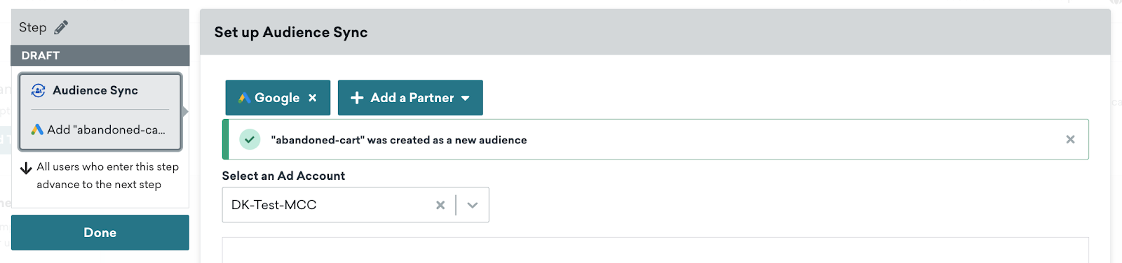 An alert that appears after a new audience is created in the Canvas component.