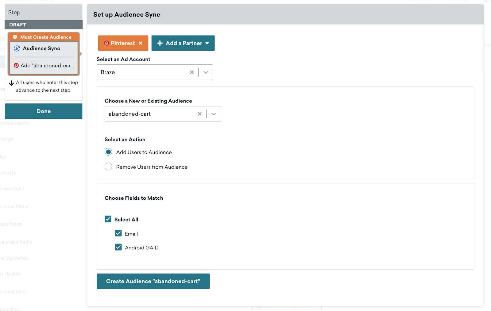 Expanded view of the Custom Audience Canvas step. Here, the desired Ad account is selected, and a new audience is created.