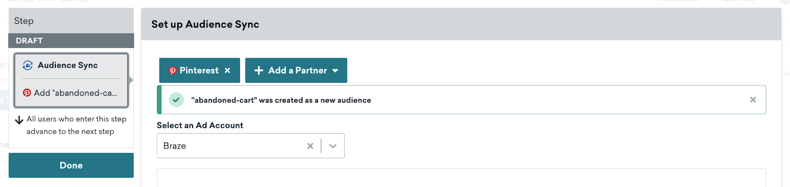 An alert that appears after a new audience is created in the Canvas component.