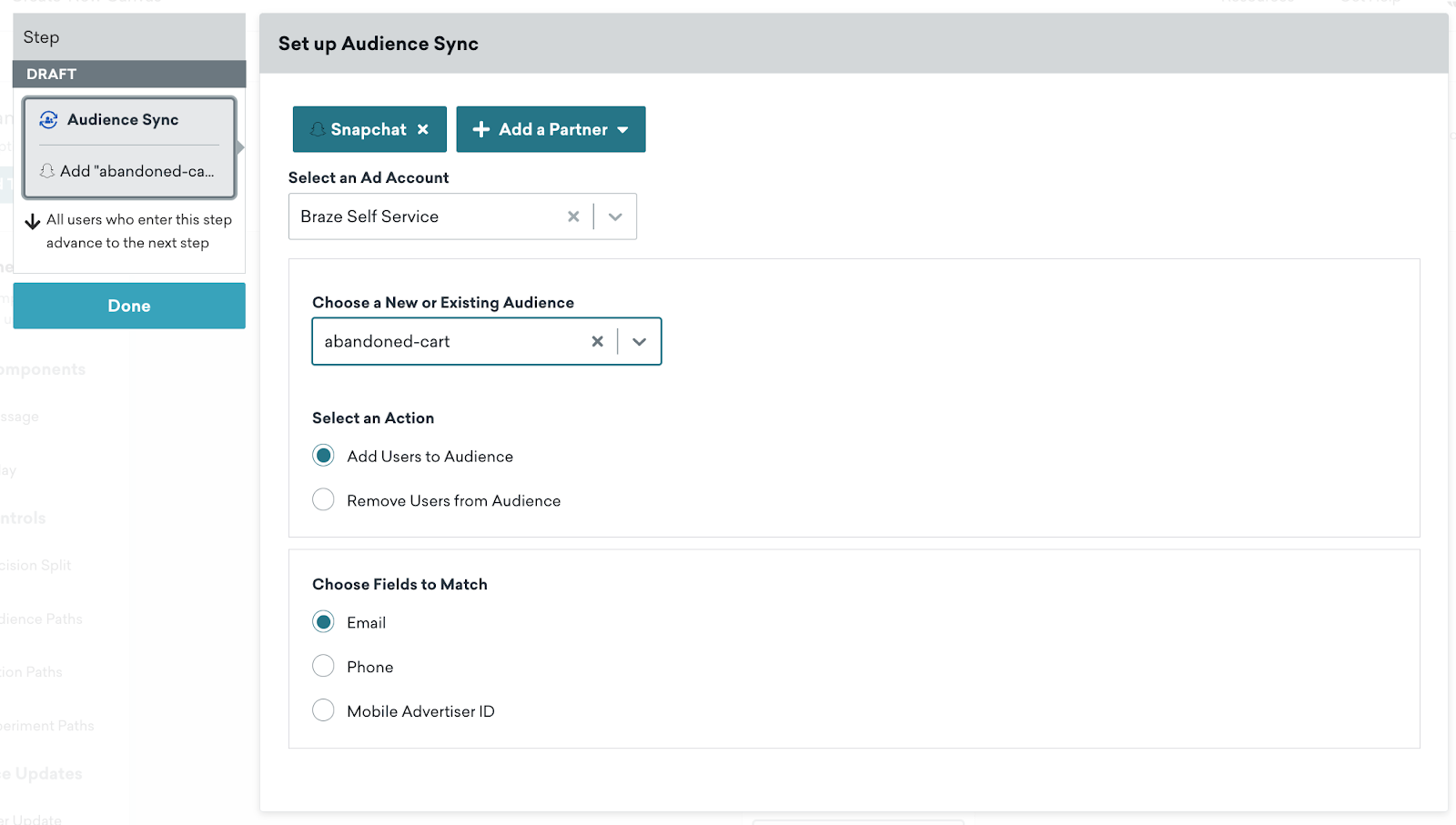 Expanded view of the Custom Audience Canvas step. Here, the desired Ad account and existing audience are selected.