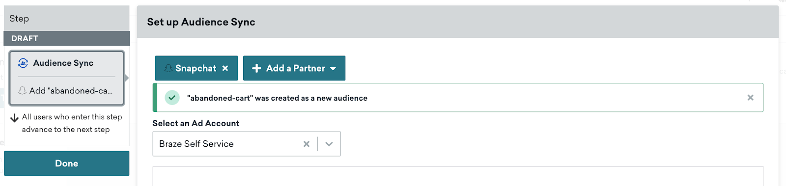 An alert that appears once a new audience is created in the Canvas component.