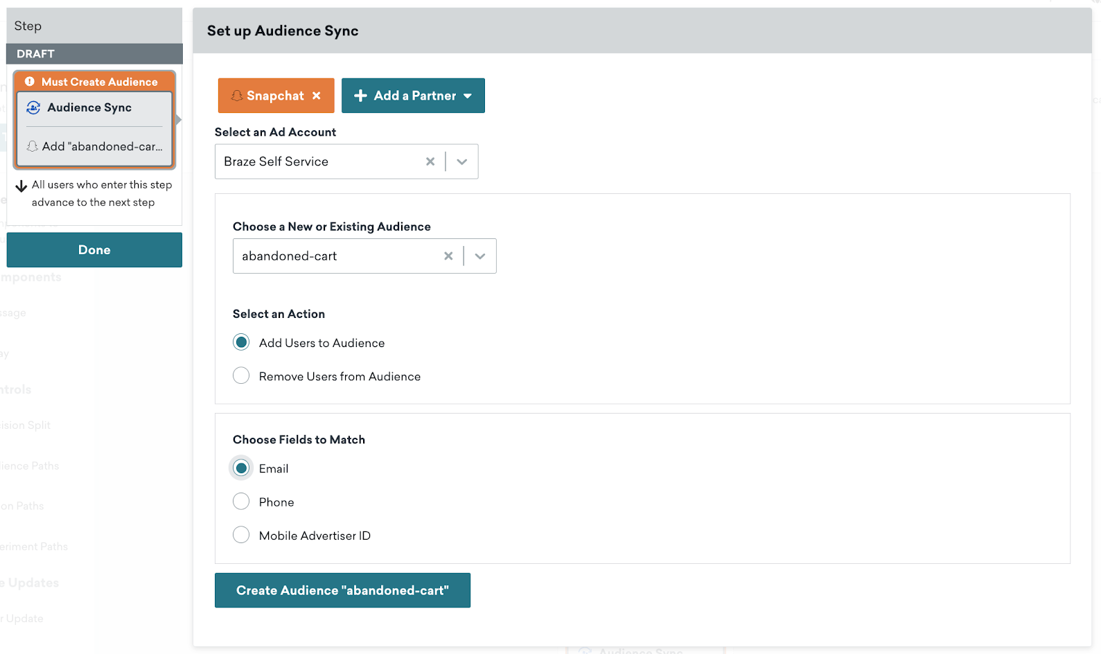 Expanded view of the Custom Audience Canvas step. Here, the desired Ad account is selected, and a new audience is created.