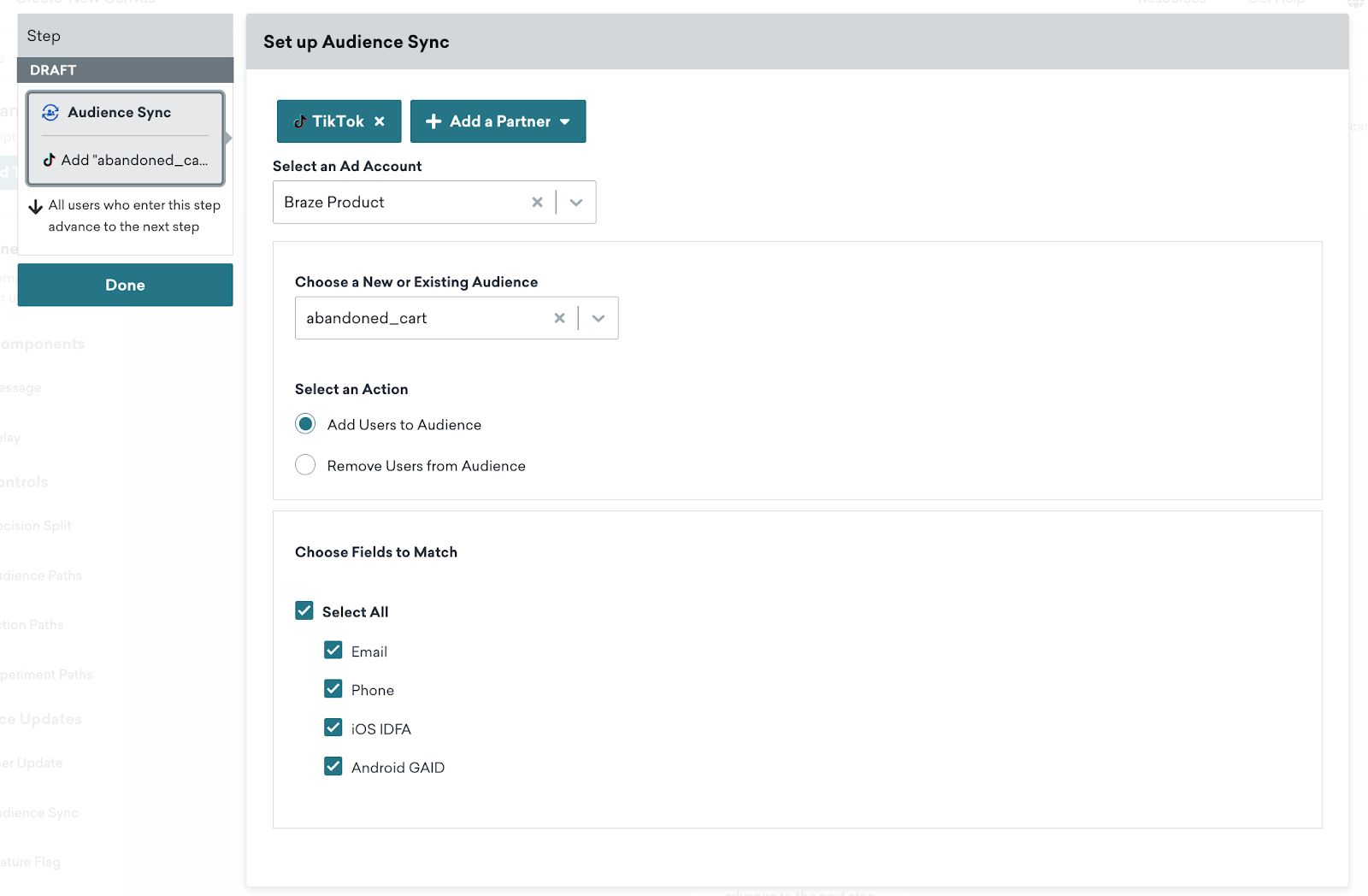 Expanded view of the Custom Audience Canvas step. Here, the desired ad account and existing audience are selected.