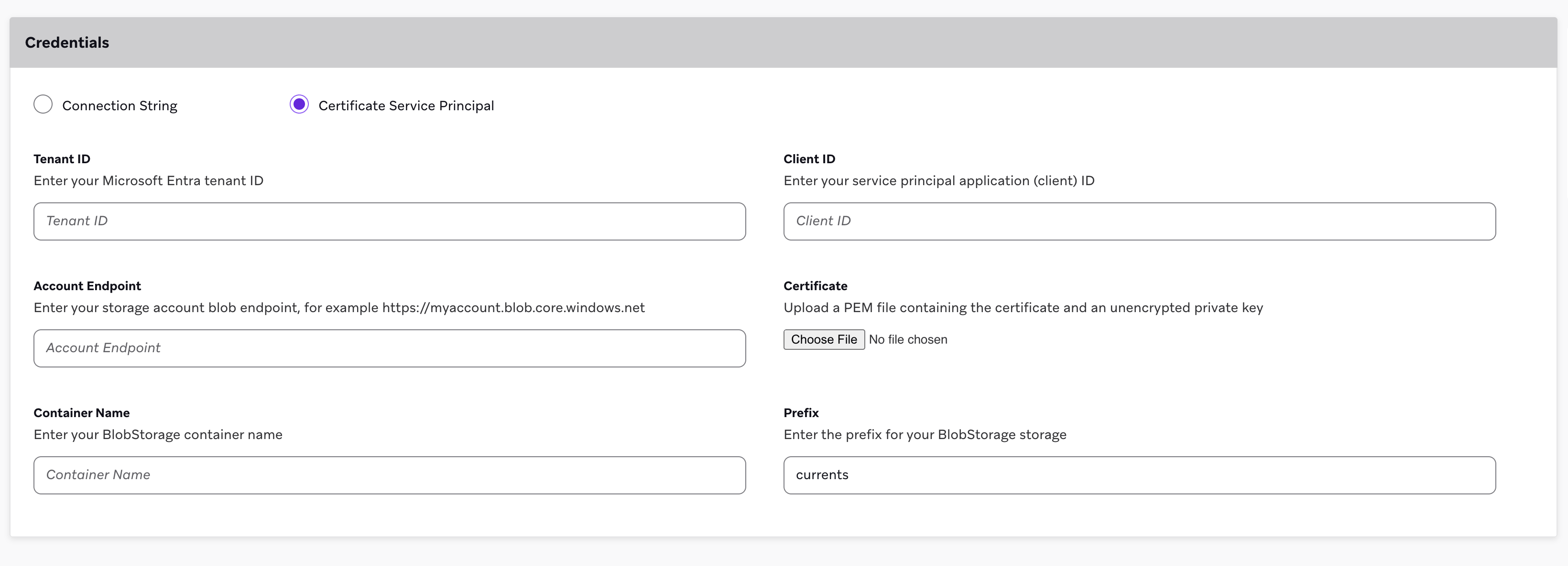 The Azure Blob Data Export page in Braze with Certificate Service Principal selected, showing the Tenant ID, Client ID, Account Endpoint, Certificate, Container Name, and Prefix fields.