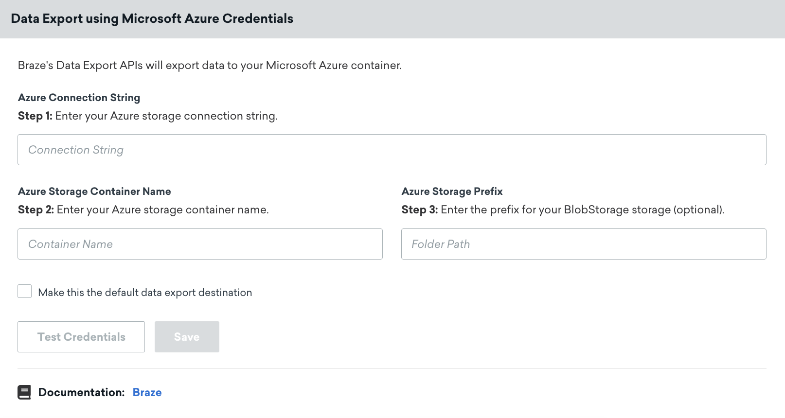 The Microsoft Azure data export page in Braze. On this page exist fields for connection string, container name, and prefix.