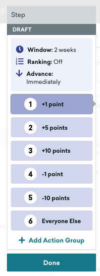 Action Path containing Action Groups for adding one point, five points, and ten points; subtracting one point and ten points; and “Everyone Else”.