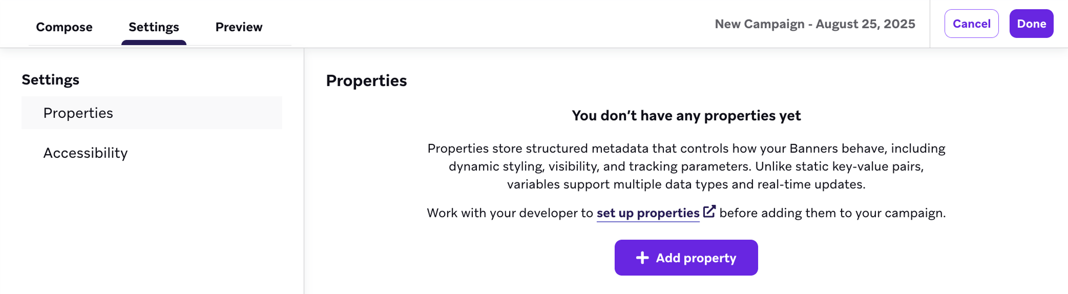 The properties page showing the option to add the first custom property to a Banner campaign.