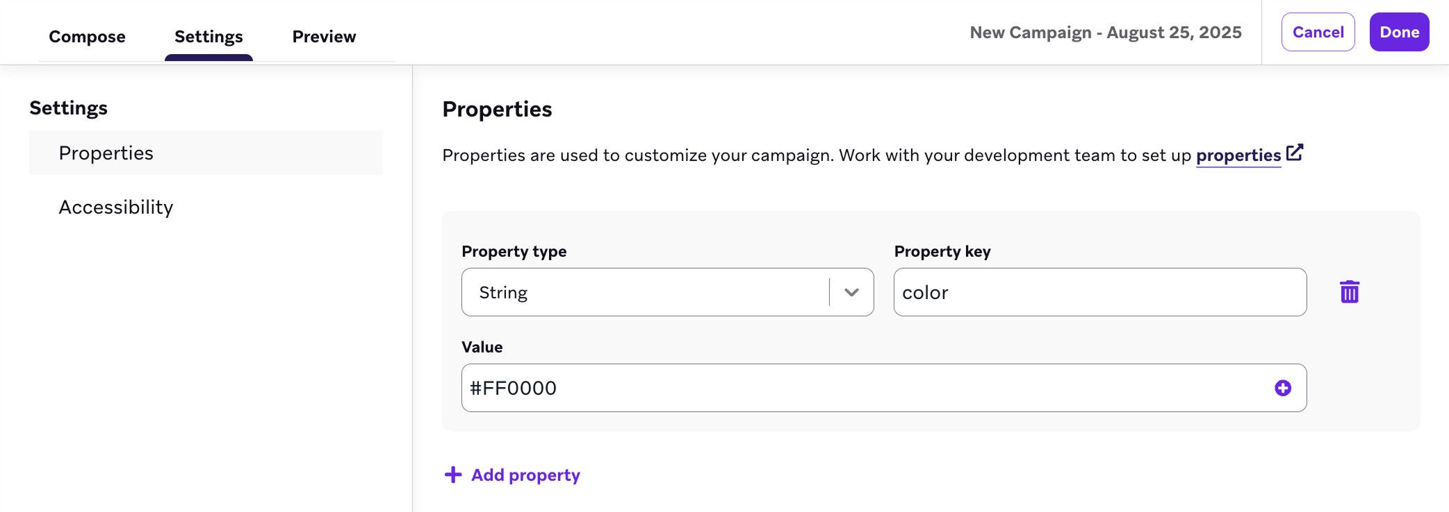 The properties page with a string property with a key of color and value of #FF0000.