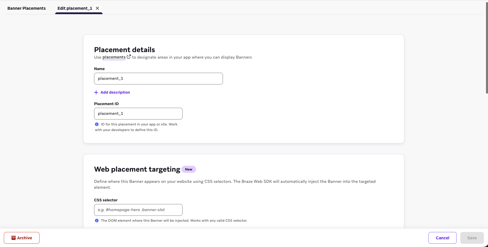 The input fields for Web Targeting are located beneath the placement name and id.