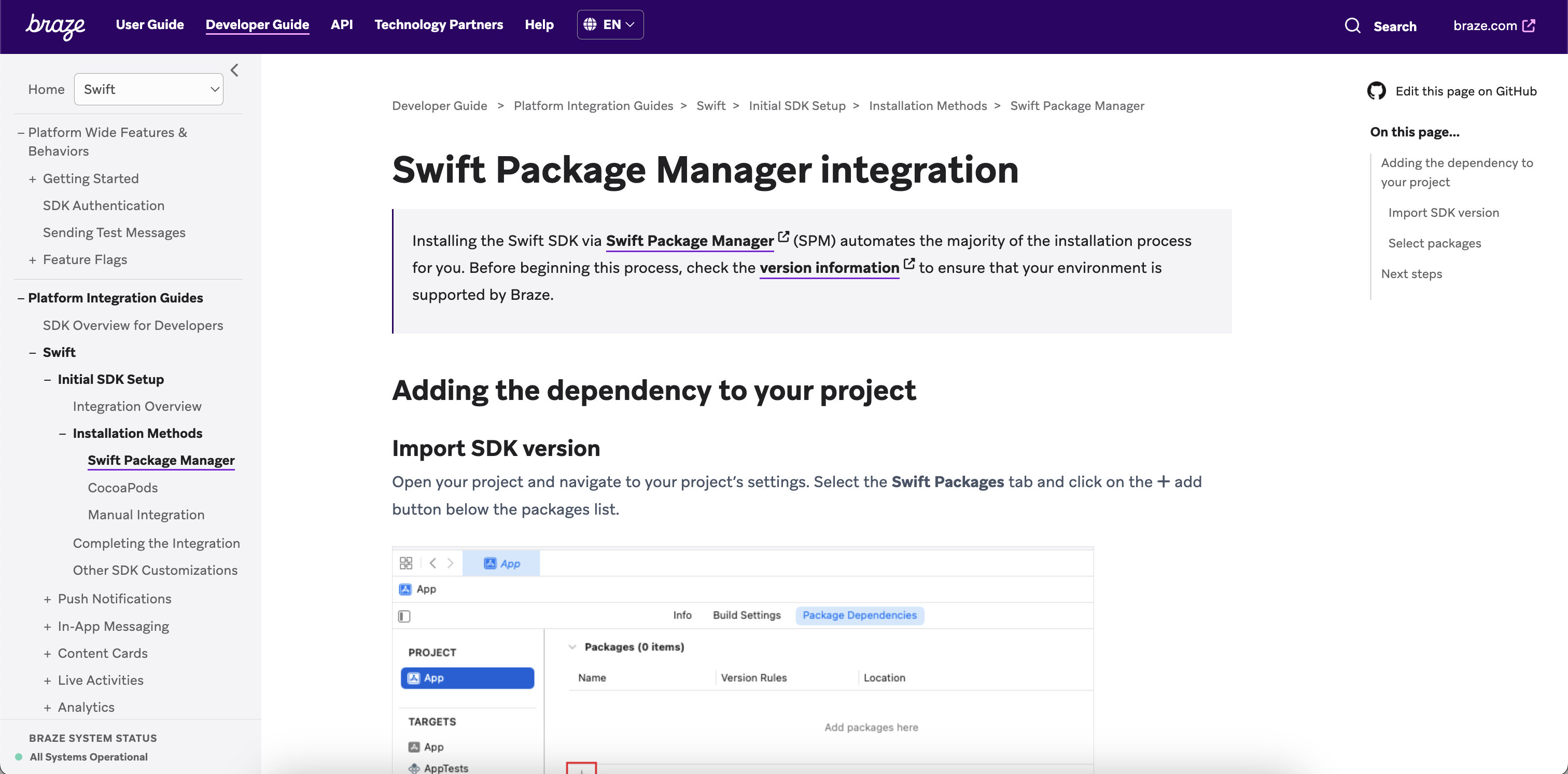 The previous Swift documentation located in the Platform Integration Guides section.