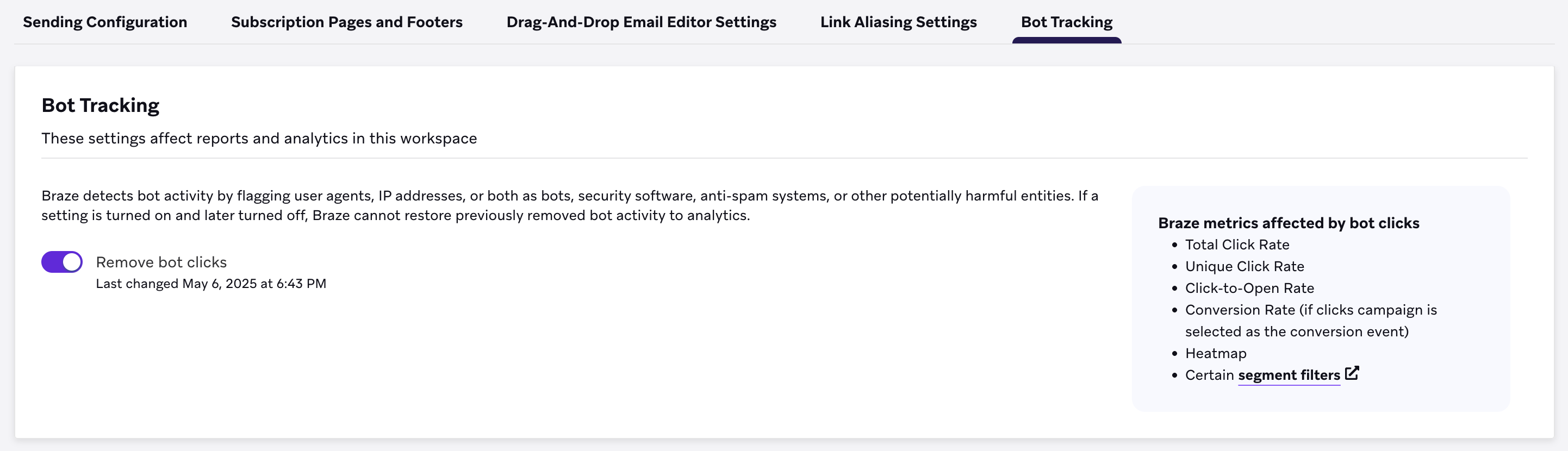 Bot filtering email setting turned on in Email Preferences.