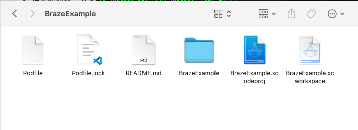 A Braze Example folder expanded to show the new `BrazeExample.workspace`.
