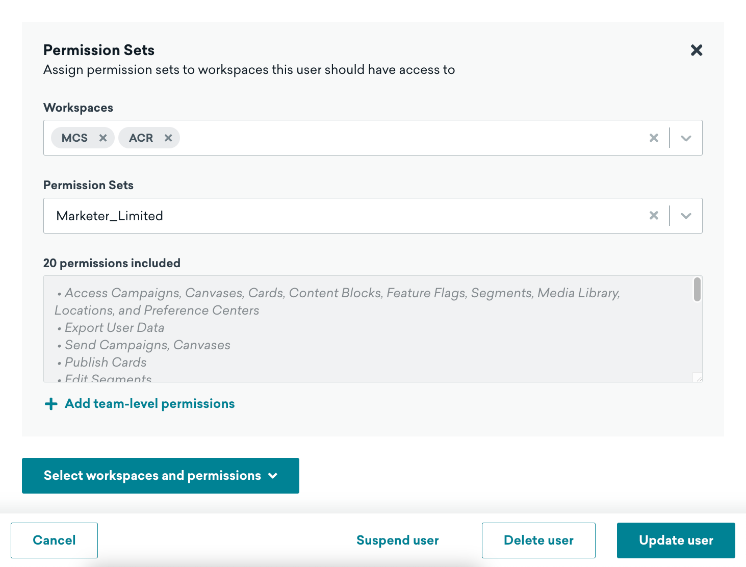 Workspace-level permissions being assigned through a permission set in Braze.