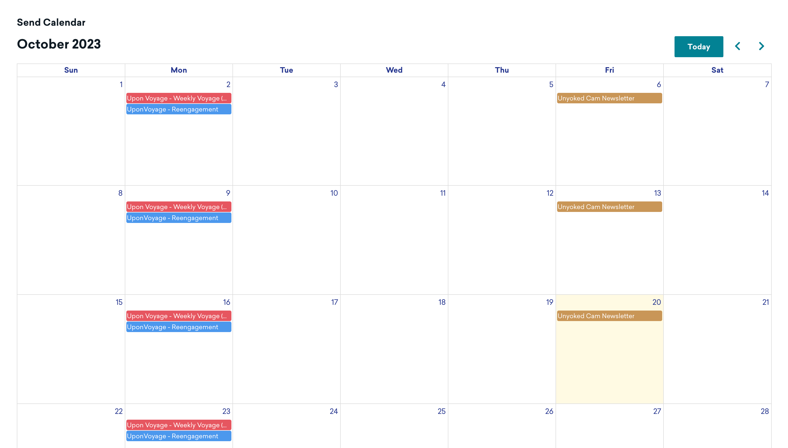 The Send Calendar displaying all scheduled campaigns in the current month.
