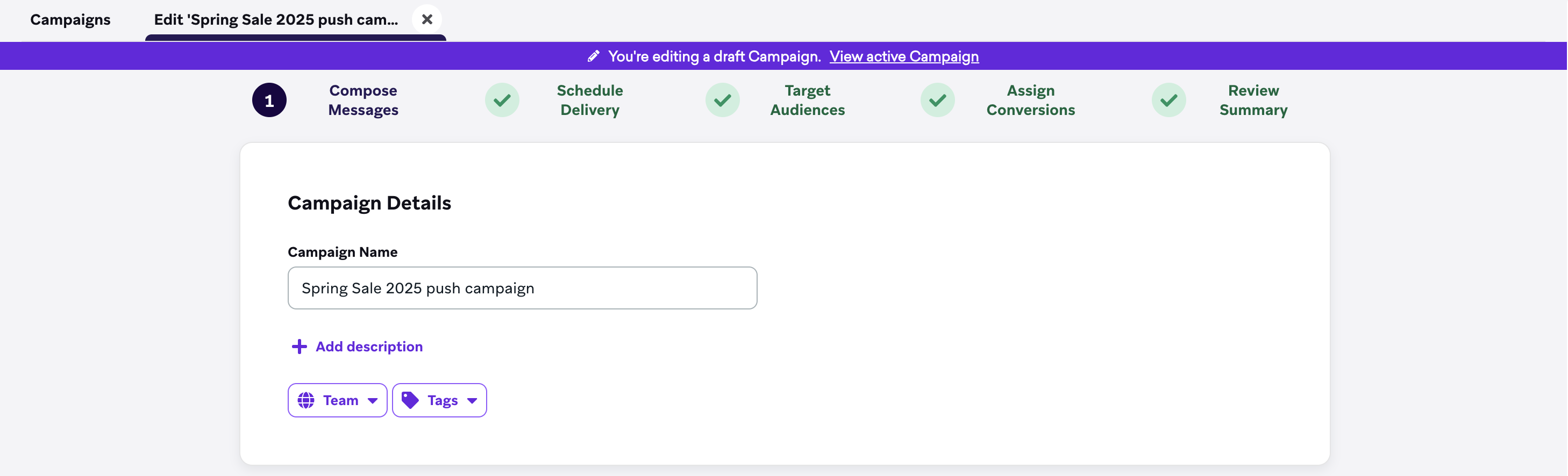 A draft of an active campaign with an option to view the active campaign.