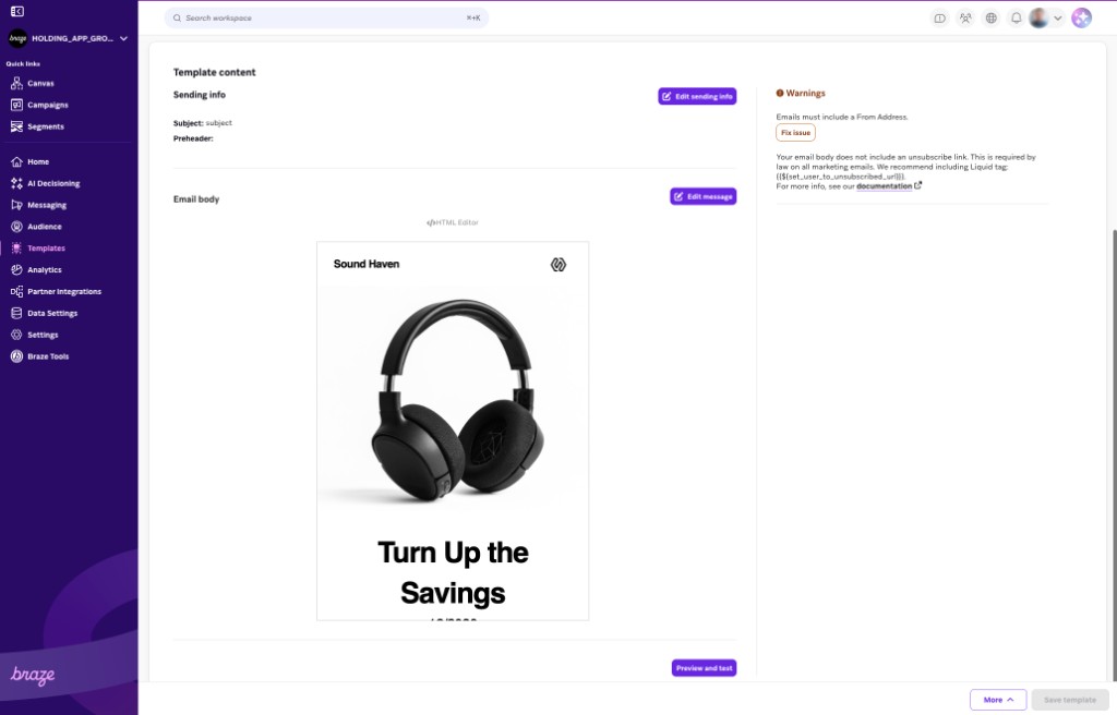 Email template in Braze opened from Canva, with sending info and preview.