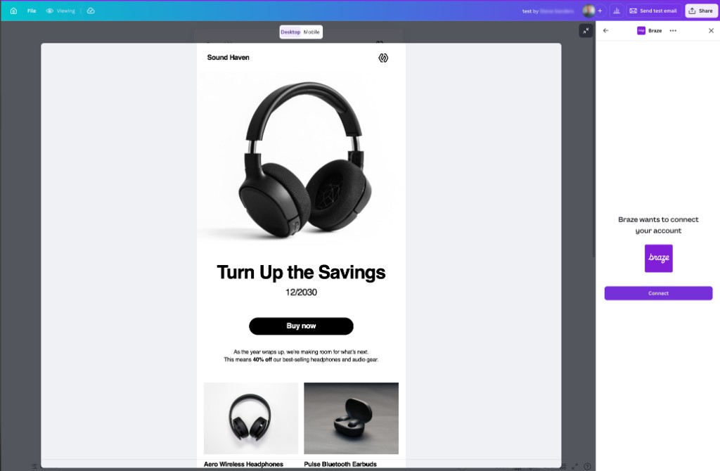 Braze sidebar in Canva prompting Connect for email export.