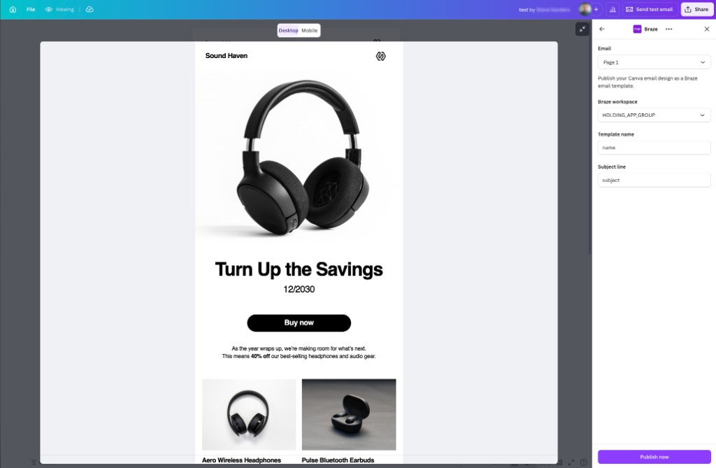 Braze panel in Canva with workspace, template name, subject line, and Publish now.