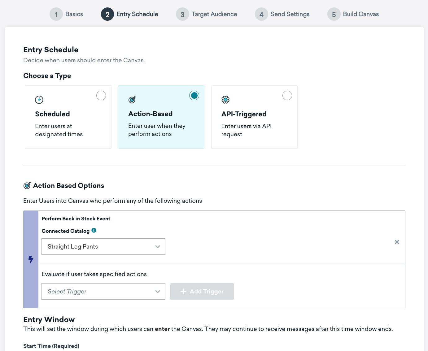 "Entry Schedule" step for an action-based Canvas.