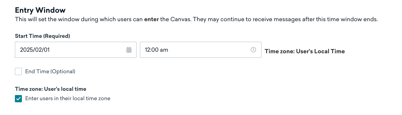 "Entry Window" section with a start time of January 2, 2025 at 12 am.