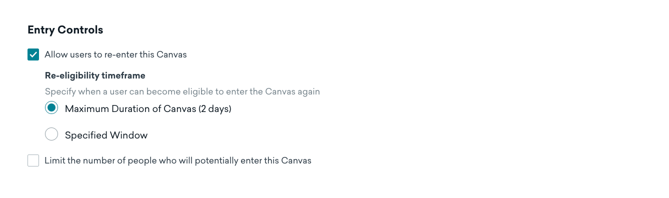 "Entry Controls" section with a checkbox for allowing users to re-enter this Canvas with a maximum duration of the Canvas.