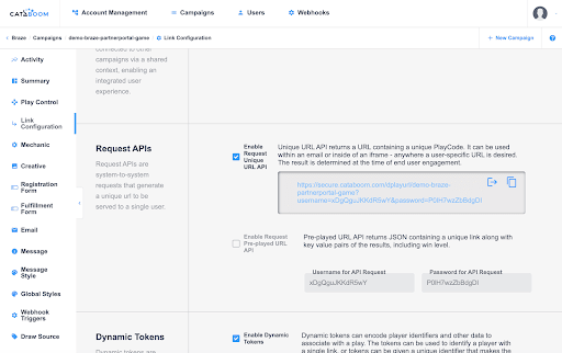 CataBoom Link Configuration page with Request Unique URL API enabled and the API URL visible.