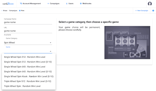 CataBoom dashboard New Campaign form with campaign name, URL, game category, and game type fields.