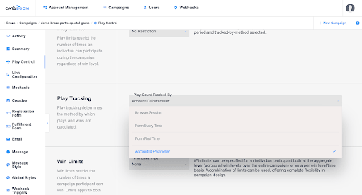 CataBoom Play Control page with Play Count Tracked By set to Account ID Parameter.