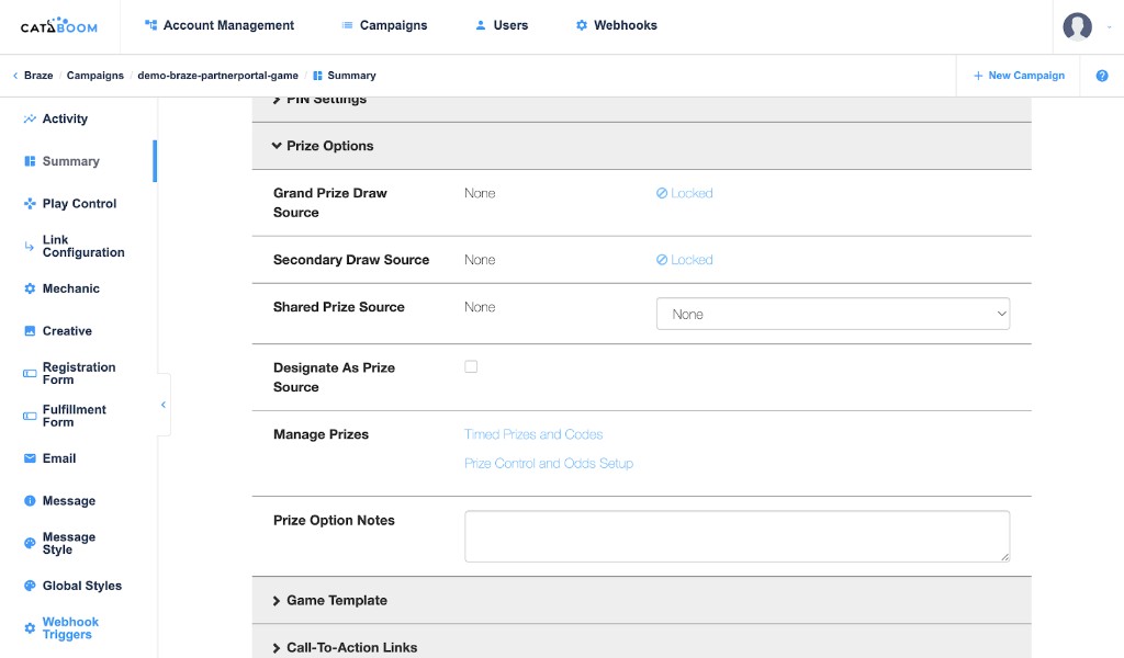 CataBoom Summary page with the Prize Options section expanded.