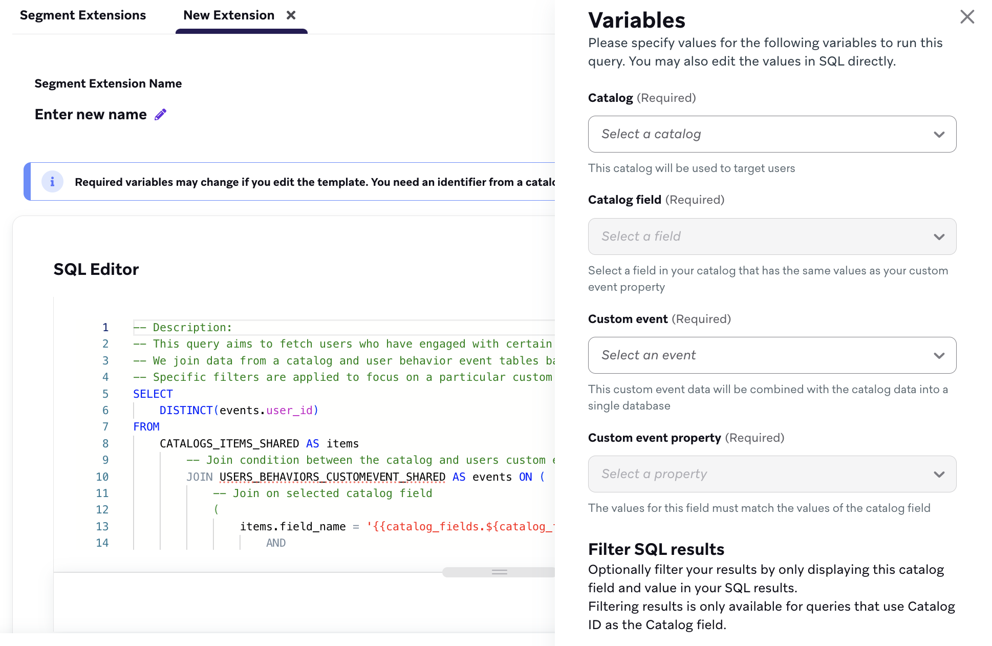SQL editor with a pregenerated template.