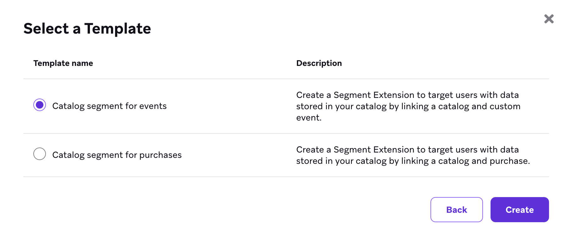 Modal with the option to create a catalog segment for events or purchases.