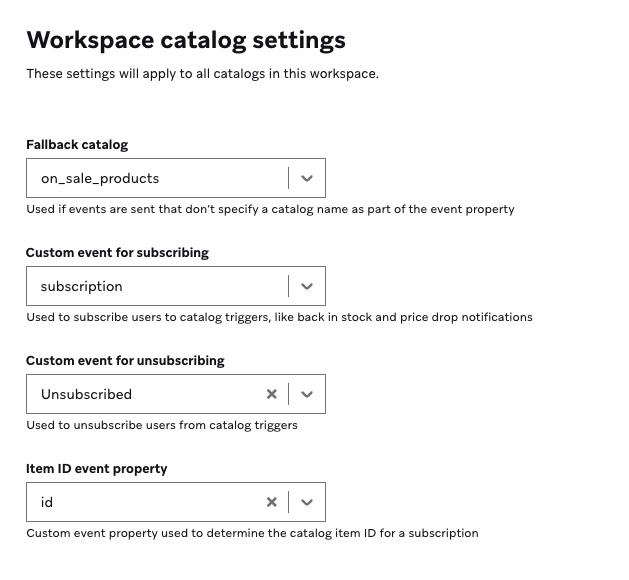 Catalog settings drawer.