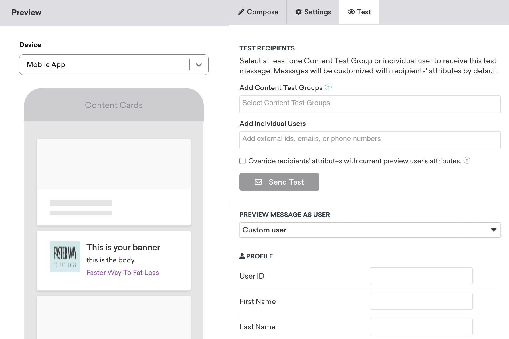 A Content Card preview in the "Test" tab.
