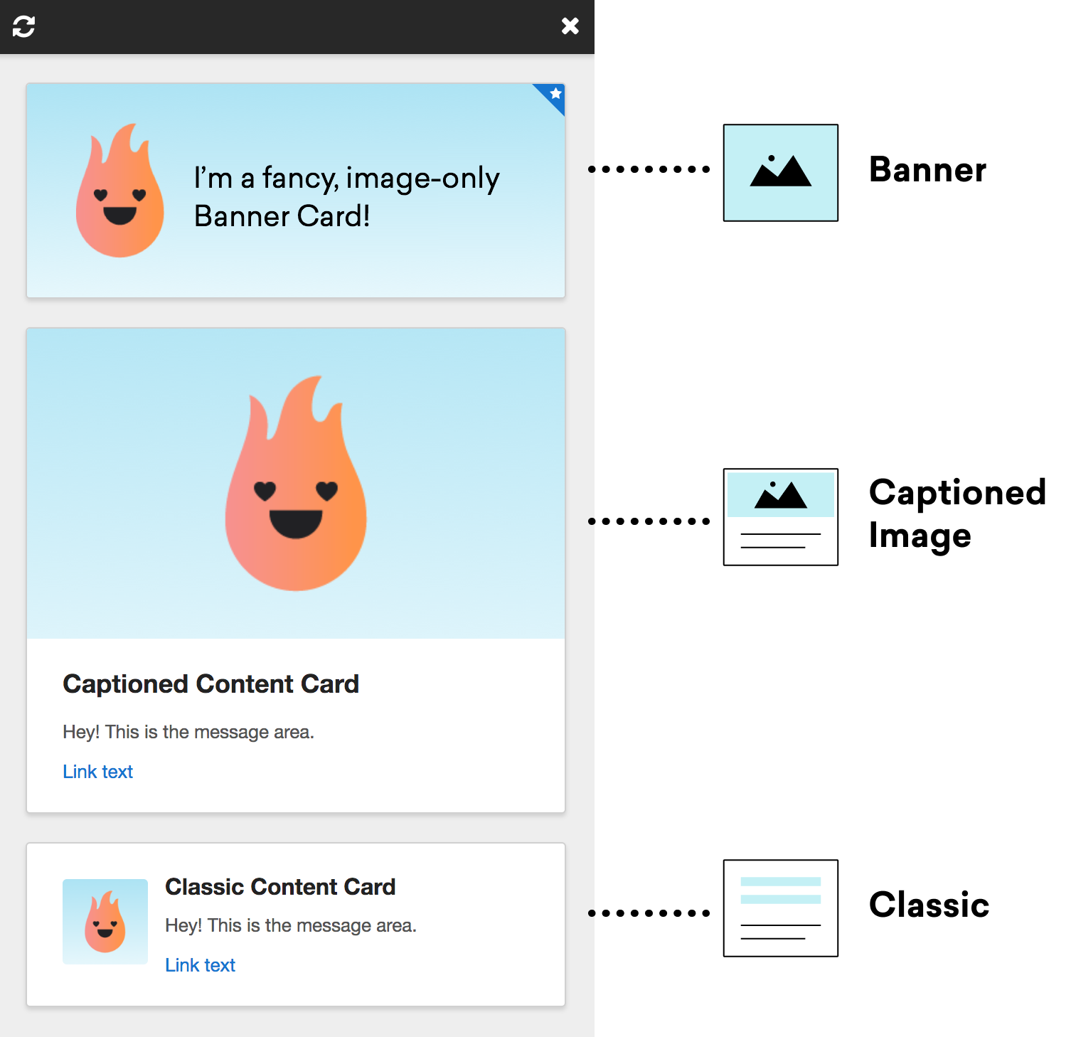 A generic mobile image depicting what the banner, captioned image, and classic Content Card look side by side.