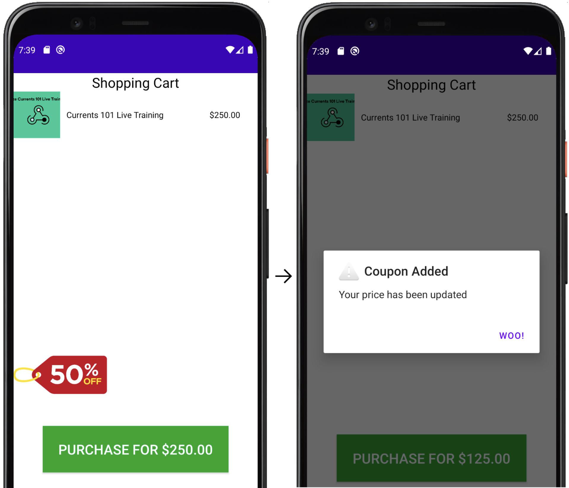 An interactive Content Card showing a 50% promotion appear in the botton left corner of the screen. Once clicked, a promotion will be applied to the cart.
