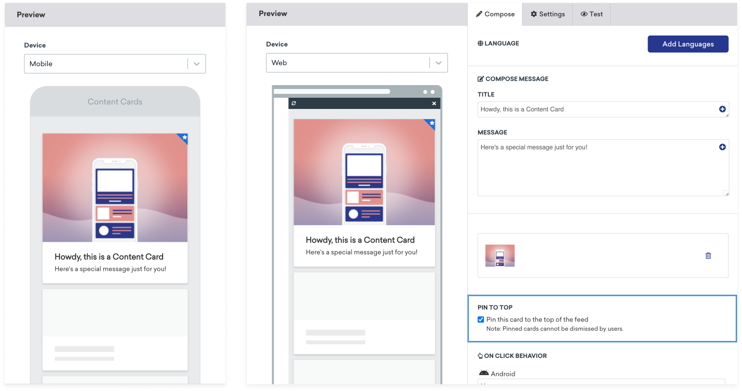 Side-by-side of the Content Card preview in Braze for Mobile and Web with the option "Pin this card to the top of the feed" selected.