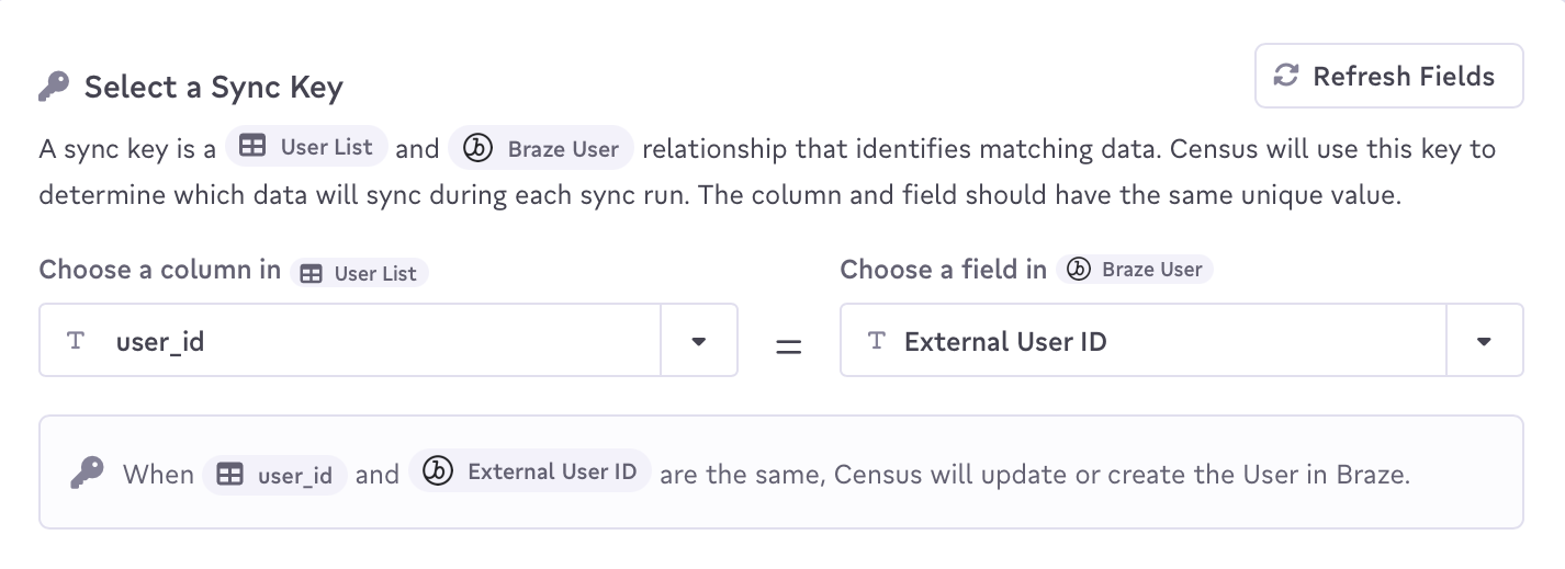 In the "Which fields should be updated?" prompt, "External User ID" is set as "id", "Email" is set as "email", "First Name" is set as "first_name", and "Last Name" is set as "last_name".