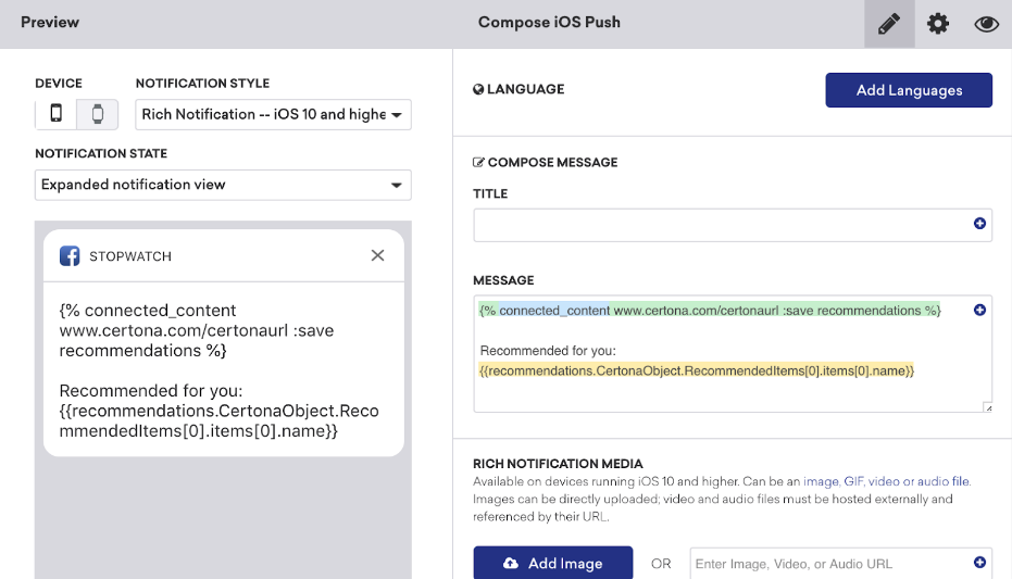 An image of a push campaign with Certona related Connected Content included in the message body.