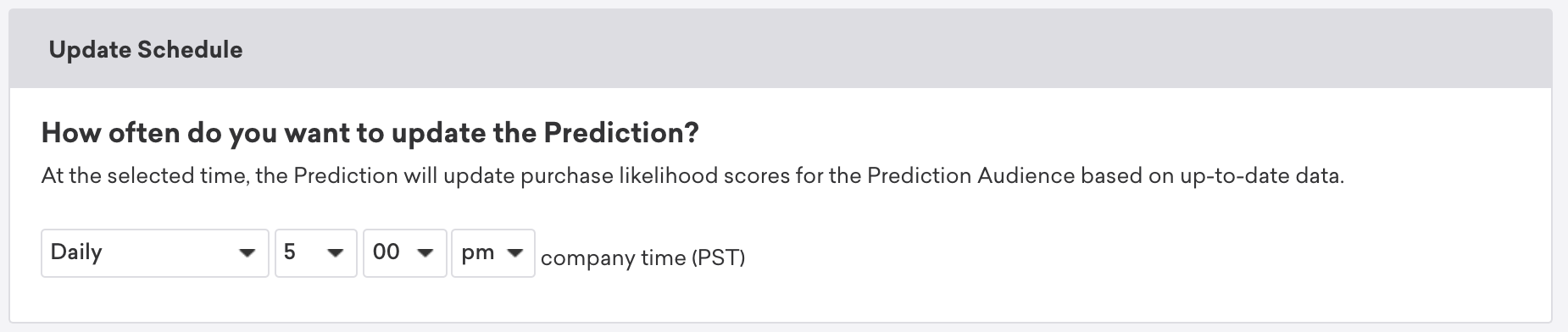 Prediction Update Schedule set to daily at 5 pm.