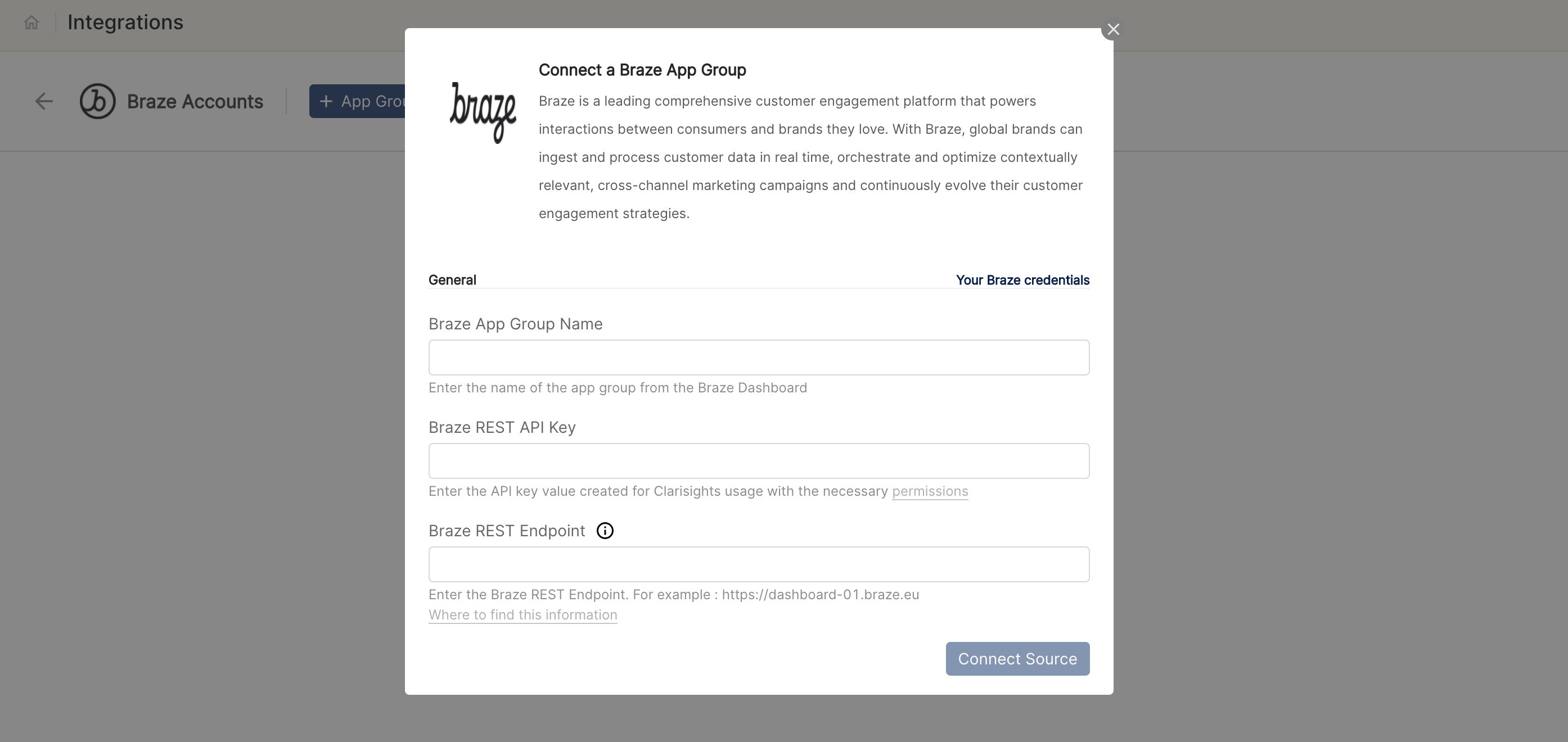 Braze workspace connector in the Clarisights platform. This page has fields for Braze workspace name, Braze REST API key, and Braze REST endpoint.