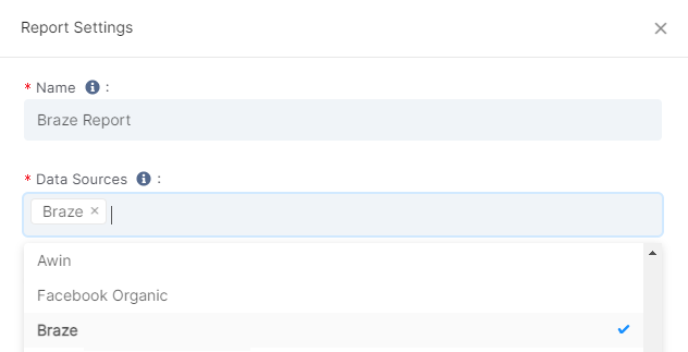 Clarisight report settings showing fields for name and data source. For this example, "Braze" is selected as the data source.