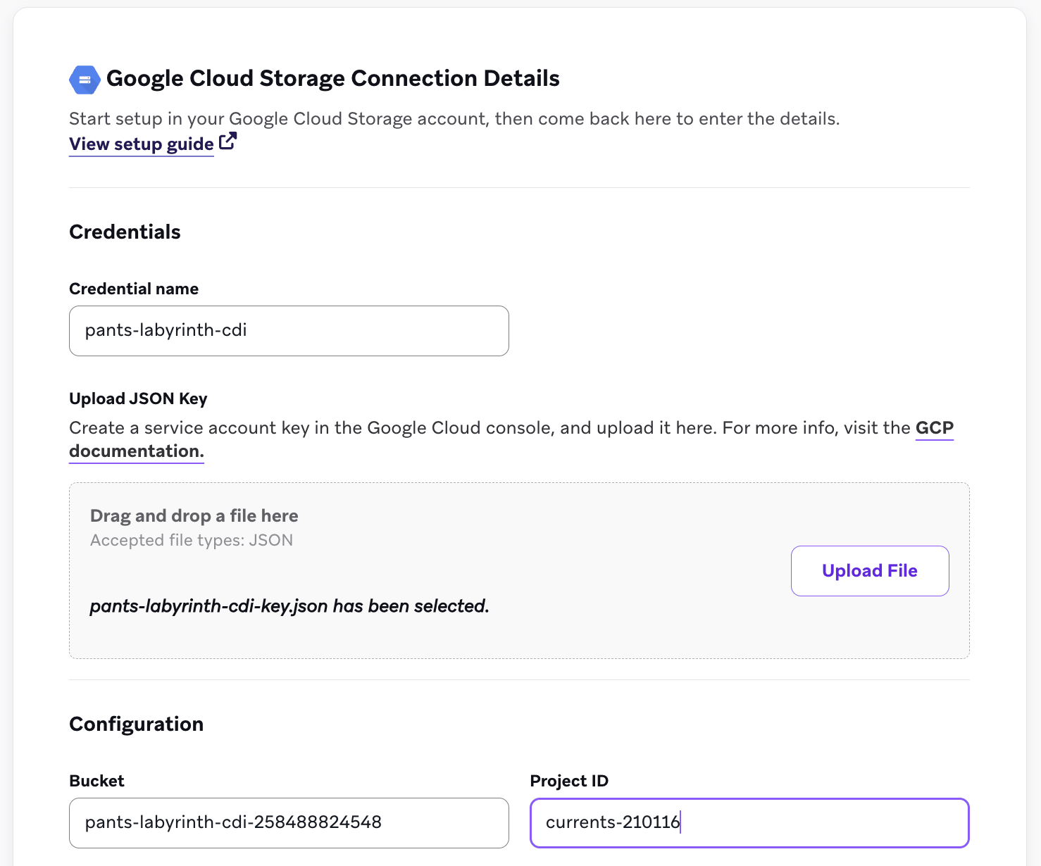 The Google Cloud Storage source form showing Bucket, Project ID, and credential upload fields.