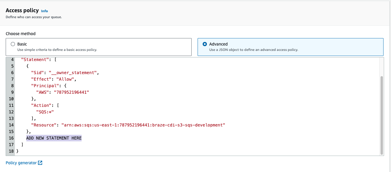 Selecting "Advanced" with an example JSON object to define who can access a queue.