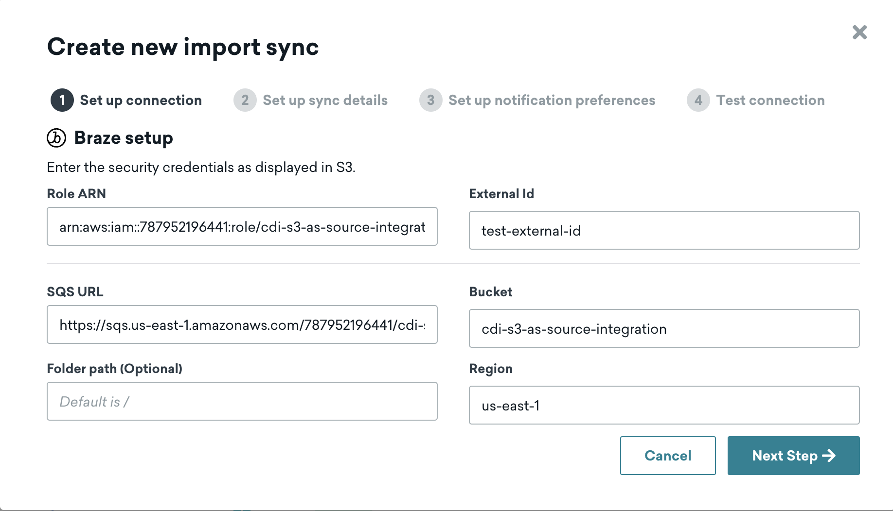 Example security credentials as displayed in S3 to create a new import sync.