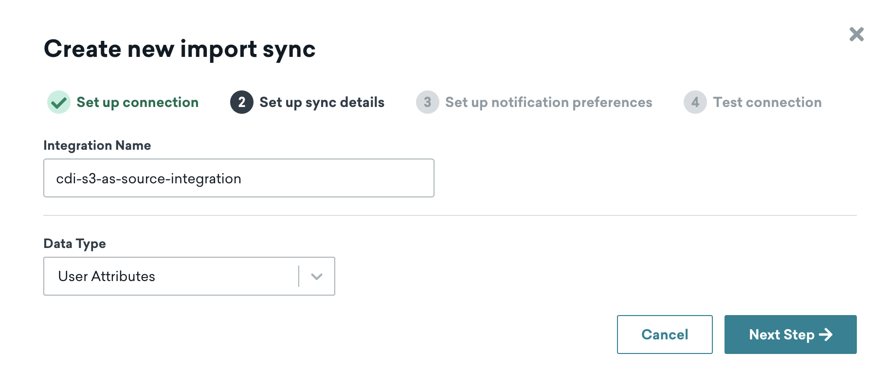 Setting up sync details for "cdi-s3-as-source-integration" with user attributes as the data type.