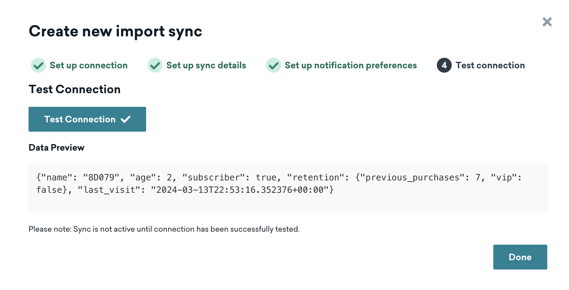 An option to test the connection with a data preview.