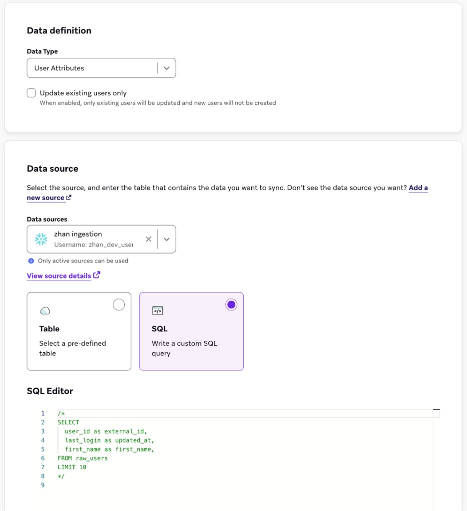 The Create data sync flow showing SQL selected with a sample query in the SQL editor.