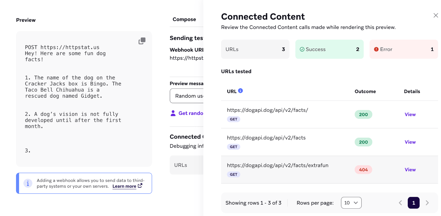 Connected Content calls with three URLs to review.